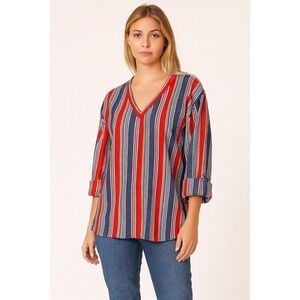 Ample Togs California Stripe 3/4‎ Sleeve Blouse Shirt V-Neck Multicolor Size XL